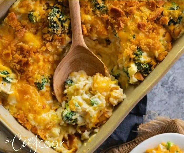 Creamy Broccoli Cheese Chicken Rice Casserole with melted cheese and vegetables