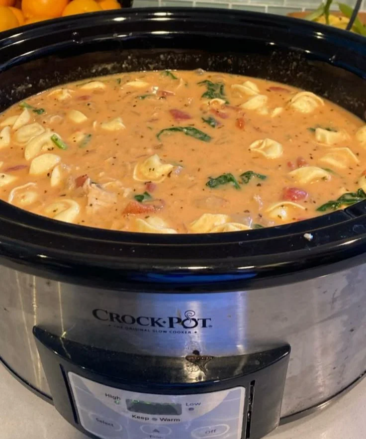 Bowl of Cheesy Chicken Tortellini Soup topped with herbs and cheese