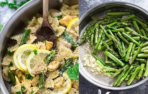 Plate of Chicken Asparagus Pasta with tender chicken and green asparagus