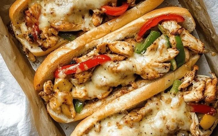 Delicious Chicken Philly Cheese Steaks served with melted cheese and toppings