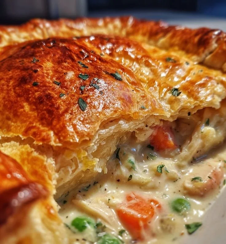 Delicious homemade chicken pot pie with golden crust and savory filling