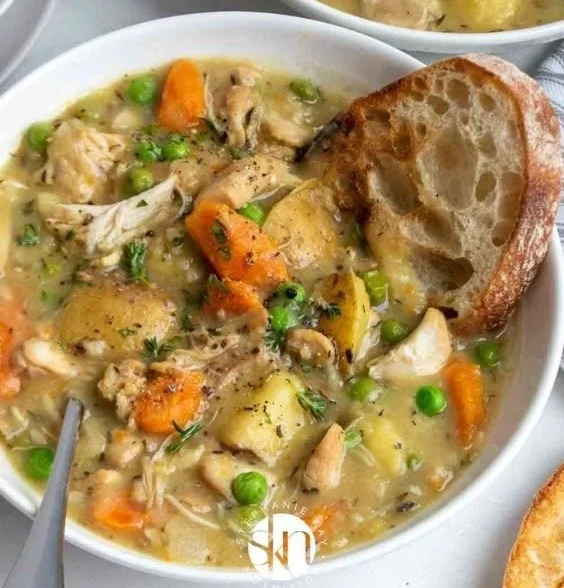 Delicious slow cooker chicken stew with vegetables and herbs in a bowl
