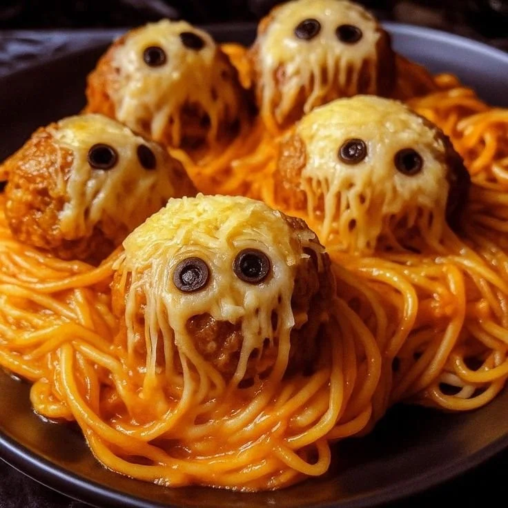 Spooky spaghetti and cheese stuffed meatballs served on a festive plate